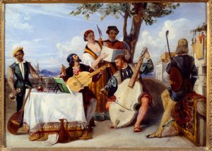 The Venitian Concert Musicians (cello, lute, violin) and singers on a terrace are served by a black servant. Painting by Alexandre Hesse (1806-1879) 19th century Nantes, Museum of Fine Arts