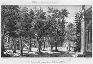 法国巴黎纪念碑博物馆，从Heloise和Abelard墓看到的Jardin Elysee，由Laurent Guyot（1756-1806）雕刻