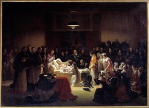 贝里公爵 (1778 - 1820) 在巴黎歌剧院的最后时刻，被路易十八和王室包围。 亚历山大·门乔 (1773 - 1832) 的画作 作者 亚历山大·门哈德