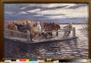 Un bac (A Ferry) - Peinture de Alexei Stepanovich Stepanov (1858-1923), huile sur toile, vers 1900 - Art russe, debut 20th siecle - 国家露天博物馆，罗斯托夫克里姆林宫，罗斯托夫（俄罗斯） 作者 阿列克谢·史蒂帕诺维奇·斯蒂芬诺夫