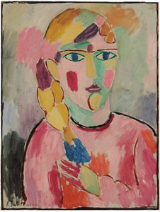 蓝眼睛，马尾辫的女孩；蓝眼睛和辫子的女孩，约1916年 作者 阿列克谢·冯·贾伦斯基