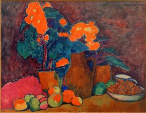 鲜花、水果和瓶子的静物画 作者 阿列克谢·冯·贾伦斯基
