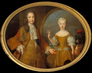 拉乌尔（右下）向路易十五（1710-1774）赠送他的未婚妻（路易十五和西班牙王妃玛丽-安妮-维克多尔）的画像。画中画的阿比米（abime）。亚历克西斯-西蒙-贝勒（1674-1734）的画作 18世纪的太阳。0,99x1,24米