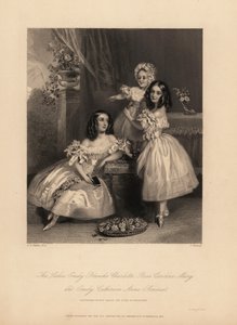 波弗特第七代公爵亨利-萨默塞特的女儿艾米莉-布兰奇-夏洛特、罗斯-卡罗琳和艾米莉-凯瑟琳-安妮-萨默塞特的画像。三位年轻的姐妹带着发圈，穿着带着丝带和花边的缎子裙子，穿着芭蕾舞鞋。J.汤姆森的钢版画a