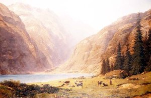 有牛的山区湖泊景观 作者 阿尔弗雷德·沙万尼斯