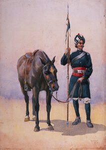 19世纪枪骑兵（Fane&39;s Horse）旁遮普穆萨尔曼的战士，由Mac MacMunn少校担任&39;印度军队&39;的插图，于1911年出版，1909年