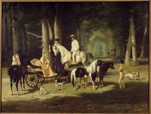 A. Mosselman 夫妇和他们的两个女儿骑马穿过树林。 阿尔弗雷德·德·德勒 (Alfred de Dreux) (1810-1860) 1848 年作画。 2x2,65 m 巴黎，小皇宫博物馆