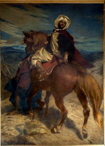 Reconquista: "博布迪尔国王对格拉纳达的告别" 博布迪尔国王（阿布-阿卜杜拉）于1492年1月2日将城市的钥匙交给了西班牙统治者。阿尔弗雷德-德霍丹克（1822-1882）19世纪的绘画。Dim.3.7x2.7米。巴黎，奥赛博物馆
