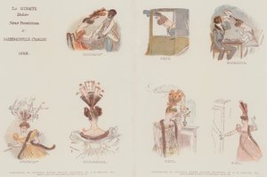 原创水彩图纸传真，旨在为1828年女性头饰时尚服饰（chromolitho）