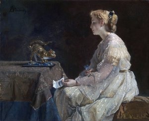 "Le present"（礼物），一位发现猫雕像的年轻女子--阿尔弗雷德-史蒂文斯（1823-1906 年）绘画，约 1870 年 伦敦国家美术馆 作者 阿尔弗雷德·埃米尔·史蒂文斯（Alfred Emile Stevens）