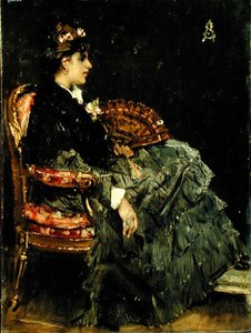 拿着扇子的坐着的女士（板面油画） 作者 阿尔弗雷德·埃米尔·史蒂文斯（Alfred Emile Stevens）
