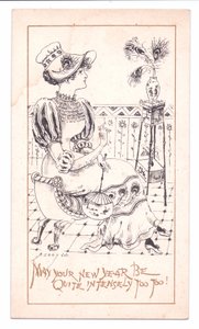 维多利亚时代的新年卡，一个欣赏孔雀羽毛花瓶的美学家，约1881年（单色）。 作者 阿尔弗雷德·格雷