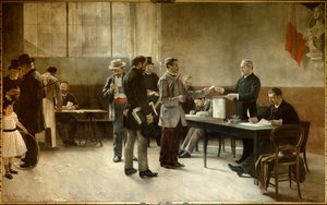 普选权 1891 年的投票站。阿尔弗雷德·布拉姆托 (Alfred Bramtot)（1852-1894 年）的绘画 1891 年 les Lilas，市政厅 作者 阿尔弗雷德·亨利·布朗莫特