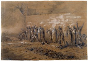 巴黎公社：1871 年 5 月 28 日在巴黎拉雪兹神父的费德雷斯城墙上处决了 147 名公社战士。 阿尔弗雷德·亨利·达茹（Alfred Henri Darjou，1832-1874）的水墨画，巴黎卡纳瓦莱博物馆
