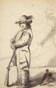 落基山捕猎者》，比尔-伯罗，约 1837 年（纸上铅笔、钢笔、墨水和水彩画） 作者 阿尔弗雷德·雅各布·米勒
