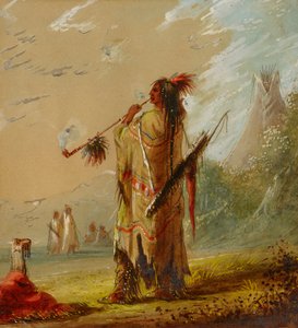 一个Shoshonee印第安人的吸烟，大约在1860年代。