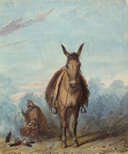 约 1837 年，孤独营地中的捕猎者（纸面水彩画） 作者 阿尔弗雷德·雅各布·米勒
