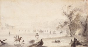 公牛划船穿越普拉特河，约 1837 年（纸上绘画） 作者 阿尔弗雷德·雅各布·米勒