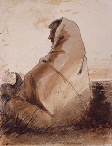 印第安人在坟墓前哀悼，水牛头骨为标志，约 1837 年（纸上铅笔、钢笔、墨水和水彩画） 作者 阿尔弗雷德·雅各布·米勒