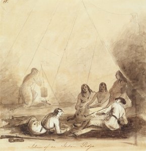 印第安小屋内部，约 1837 年（纸上铅笔、钢笔、墨水和水彩画） 作者 阿尔弗雷德·雅各布·米勒