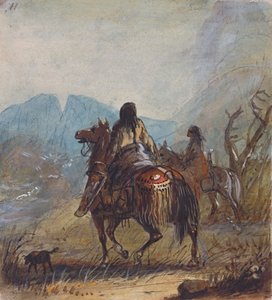 苏族妇女，远处被切割的岩石，约 1837 年（纸上铅笔、水彩和水粉画） 作者 阿尔弗雷德·雅各布·米勒