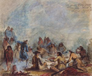 日出，捕猎者和旅行者在水牛驼峰肋骨的餐点，约1837年（纸上水彩）。 作者 阿尔弗雷德·雅各布·米勒