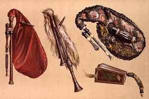 风笛：四支，包括一支Cornemuse、一支Calabrian和一支Musette，来自 "乐器"（彩色平印）。