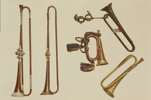 骑兵小号，号角，约翰哈里斯1730年制造的镀金小号，小号和威廉·鲍尔的银色小号c.1680，来自“乐器”（彩色光刻）