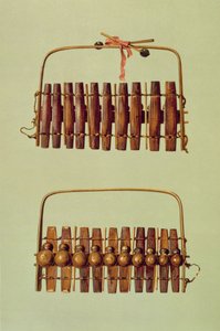 Marimba，前后视图，南非，来自&39;乐器&39;（彩色光刻） 作者 阿尔弗雷德·詹姆斯·希普金斯