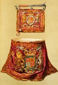 国家小号，可能是乔治三世，还有来自国家服饰的kettledrum来自“乐器”（彩色光刻） 作者 阿尔弗雷德·詹姆斯·希普金斯