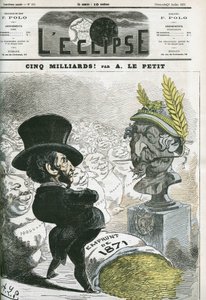 五十亿!在拿破仑三世（1808-1873）的半身像和为普鲁士提供的50亿贷款前，欧仁-鲁赫（1814-1884）。阿尔弗雷德-勒佩蒂撰写的《日食》中的封面，7月9日 作者 阿尔弗雷德·勒·佩蒂特