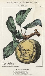 La Pomme: Pouyer Quertier (Pouyer-Quertier)的漫画--1871年2月28日在 "每日花卉、水果和蔬菜 "中的插图。