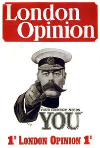 第一次世界大战：招募英国士兵的海报：喀土穆指挥官霍雷肖赫伯特基奇纳勋爵（1850-1916 年），英国士兵和政治家指出军事潜力“国家需要你”阿尔弗雷德·利特（1882-1933 年）的绘画（191 年）