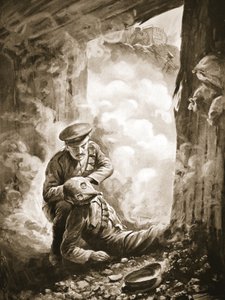 在毒气弹（石版画）爆炸后，代理中士雷恩斯将他的防烟头盔戴在艾尔斯中士身上