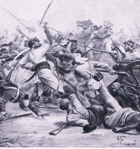 尼科尔森于1857年8月2日击败了Najafgarh的叛乱分子，1915年英国陆地和海上战役的插图