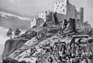 1095 年威尔士袭击蒙哥马利城堡，由波伊斯亲王 Cadwgan ap Bleddyn 领导，插图来自“Hutchinson
