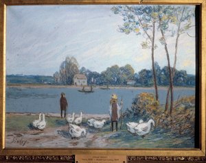 在Loing的边缘。 阿尔弗雷德·西斯莱 (Alfred Sisley) 的绘画 (1839 - 1899) 作者 阿尔弗雷德·西斯利