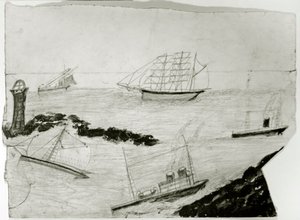 三艘帆船、两艘蒸汽船和Godrevy灯塔，约1935-38年（卡片上的油画和铅笔）。