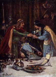 794 年，麦西亚的奥法二世的妻子西内斯里特毒死东英吉利国王艾瑟尔伯特二世（彩色石版画） 作者 艾伦（后）斯图尔特