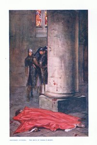 坎特伯雷大教堂：托马斯·A·贝克特之死，插图来自《英国大臣儿童故事》，约 1920 年（彩色平版印刷） 作者 艾伦·斯图尔特