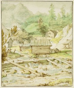 北欧景观与木屋和堰（笔，画笔和纸上的厕所） 作者 阿拉特·范·埃弗丁根
