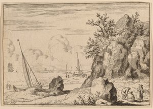 右边有三个人物的海景画，大概在1645-1656年间。 作者 阿拉特·范·埃弗丁根