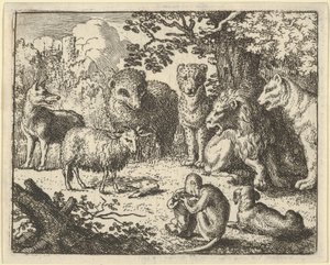 猴子打开包裹，取出兔头，让......大吃一惊，1650-75。 作者 阿拉特·范·埃弗丁根