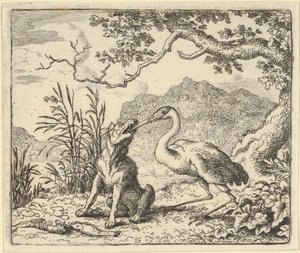 鹳鸟从狼的喉咙里取出一块骨头，来自Hendrick van Alcmar的Renard The F...，1650-75。 作者 阿拉特·范·埃弗丁根
