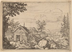 小屋门口的两个人，大概在1645-1656年间。 作者 阿拉特·范·埃弗丁根