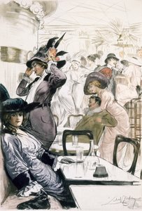 咖啡社会》，选自《巴黎：Moeurs，Costumes et Attitudes 1912-13，Vol.1：Les Bars》，1914 年出版（彩色石印版）