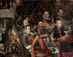 奥地利王室君主的宴会 右边是奥地利的安妮 (1549-1580)，西班牙的菲利普二世 (1527-1598) 的妻子，有它的一面，左边是伊莎贝拉·克拉拉·尤金尼亚 (Isabella Clara Eugenia)。 1566-1633）。 阿隆索·桑奇的绘画