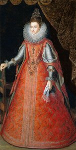 Infanta Isabella Eugenia的肖像，全长，穿着锦缎连衣裙，1593年