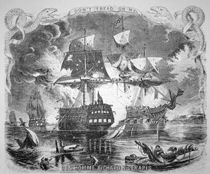 1779年9月23日，约翰-保罗-琼斯指挥 "波诺姆-理查德 "号击败了 "塞拉皮斯 "号（石印）。