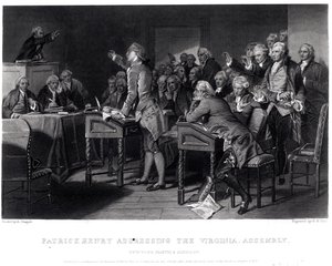 帕特里克亨利在1775年3月对弗吉尼亚议会发表讲话，由亨利布莱恩霍尔（1808-84）雕刻，1856年 作者 阿隆佐·查佩尔